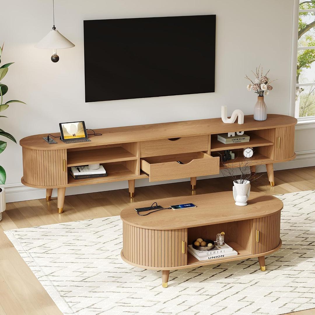 Merax Wooden Farmhouse TV Stand & Coffee Table Set with Charging Station,Oval Fluted Media Console with Sliding Doors for TV up to 80", Mid-Century Center Table with Wood Legs for Living Room,Natural, 18 inches x 81 inches x 5.25 inches