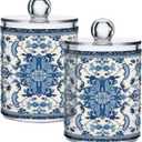2 Pack Qtip Holder Dispenser Blue Floral Vintage 10 Oz Bathroom Organizer with Lids Storage Canister