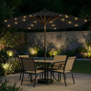 11FT Solar Patio Umbrella with Lights, Outdoor Table Market Umbrella with 32 LED Lights, 8 Sturdy Ribs, Smooth Crank Lift for Pool, Deck and Garden, UV-Resistant