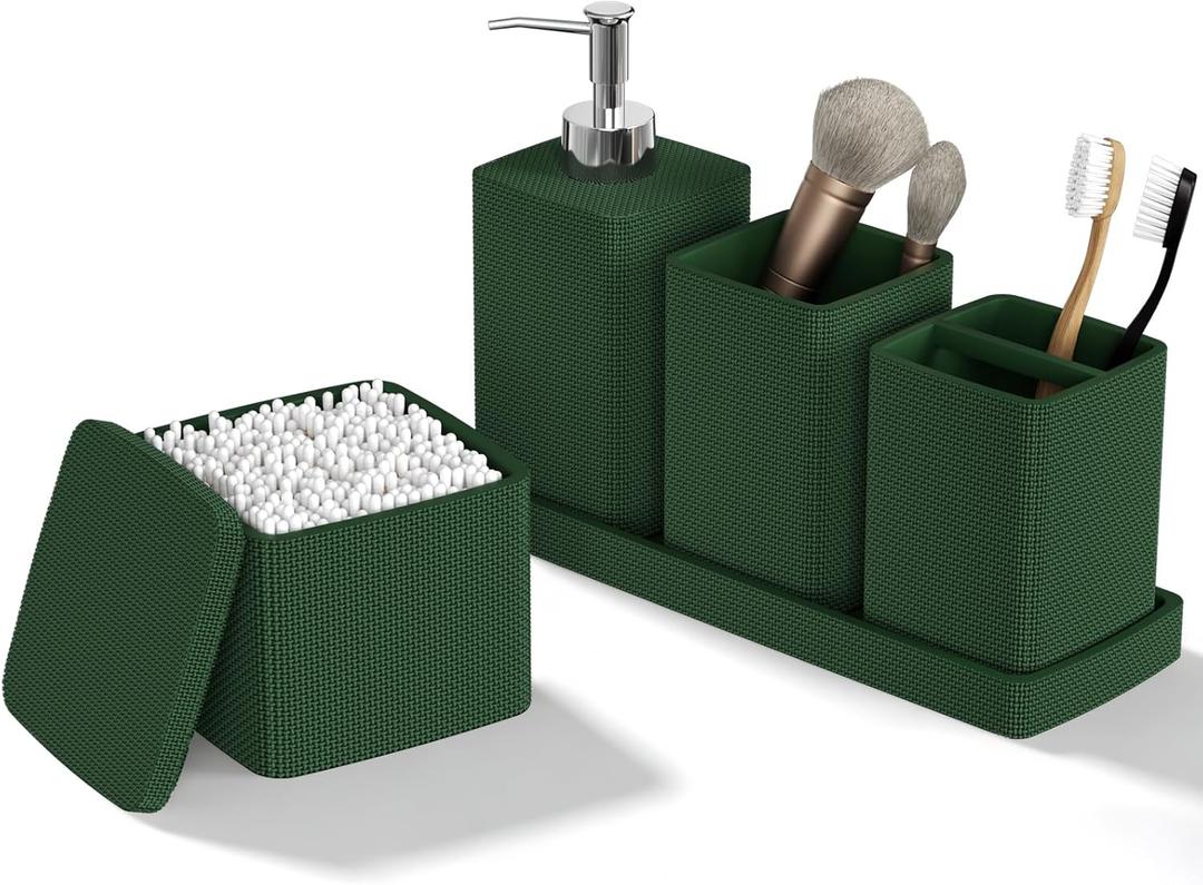 Dark Green Bathroom Accessories Set 5 Pieces, Resin Toothbrush Holders Set Complete with Soap Dispenser, Toothbrush Holder, Vanity Tray, Bathroom Tumbler and Qtip Holder for Small Spaces