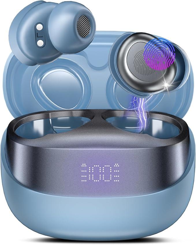 DUSONLAP Wireless Earbuds, Bluetooth 5.4 Headphones In Ear Noise Cancelling Earphones, 47H Playtime Mini Sleep Earbuds with LED Display, Touch Control, IPX7 Waterproof Ear Buds, USB-C, Blue (2025)