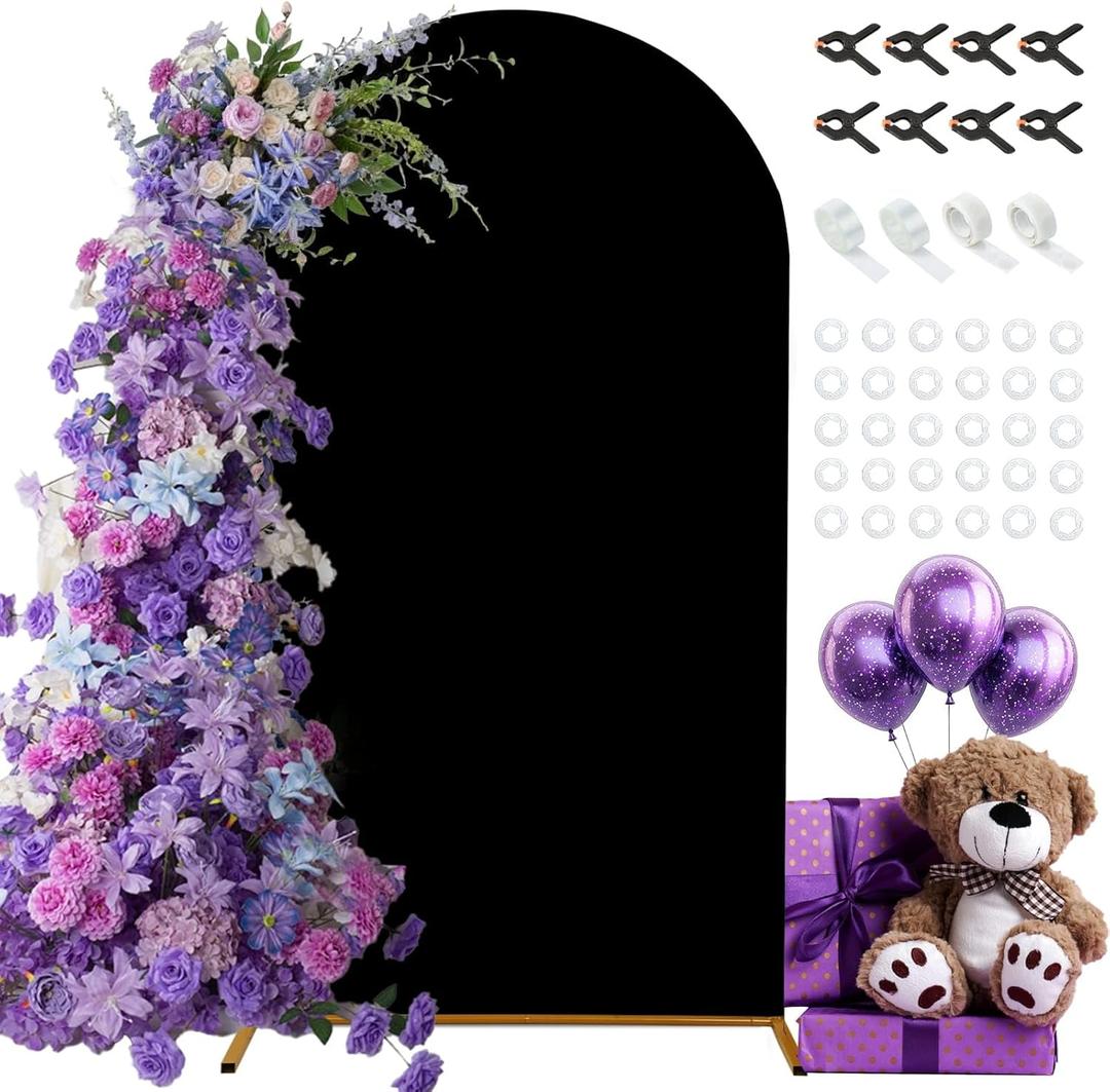 7.2FT Wedding Arch Cover, Black Spandex Arch Cover Stretchy Backdrop Stand Cover with Balloon Tying Tools for Wedding Ceremony Baby Shower Birthday Party Photo Background Arch Decorations