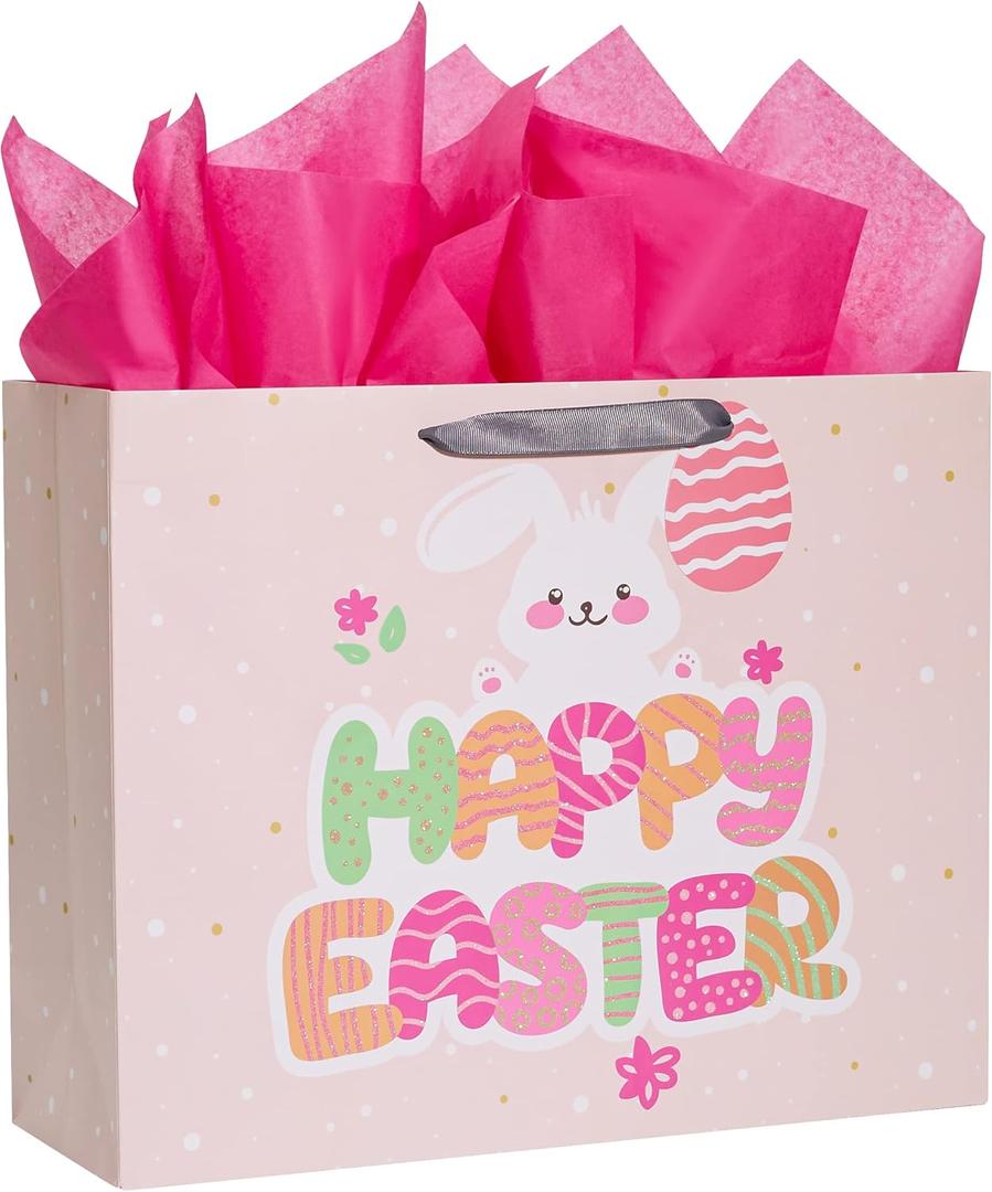 Bobobag 16" Large Easter Gift Bag with Tissue Paper for kids,Easter Egg Hunts (Pink)