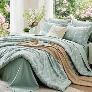 MUXHOMO Twin Comforter Set, Sage Green Elegant Floral Print Bed in a Bag 5 Pieces, Ultra Soft & Breathable Reversible Botanical Pattern Bedding Set with Comforter, Sheets, Pillowcases, and Shams