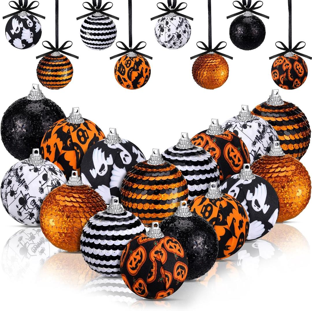 Zeyune 16 Pcs Halloween Ball Ornaments for Tree 2 Inch Halloween Tree Decorations Pumpkin Ghost Bat Spider Glitter Ornaments with Sequins for Holiday Party Decor