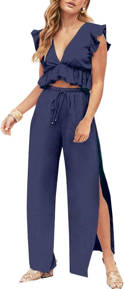 FANCYINN Womens 2 Pieces Outfits Deep V Neck Crop Top Side Slit Drawstring Wide Leg Pants Set Jumpsuits, M