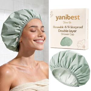 Yanibest Shower Cap Reusable Waterproof - Double Layer Shower Caps for Women, Washable Shower Bonnet with Soft Non-Slip Elastic Band, Bath Hair Hat for Most Hair Types