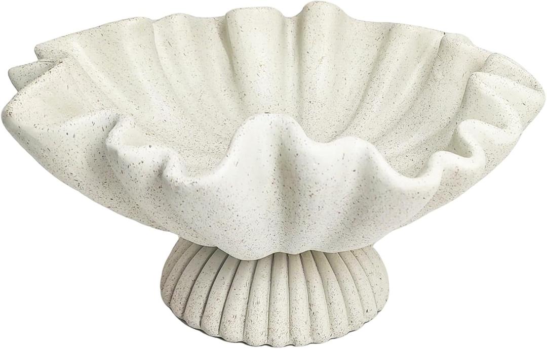 Decorative Fruit Bowl for Home Decor - Large Handicraft Wavy Centerpiece Bowl - 10" Key and Purse Shell Bowls - Scalloped Ruffle Coastal Pedestal Coffee Table Bowls