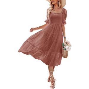MEROKEETY Women's 2025 Summer Square Neck Puff Sleeve Boho Midi Dress Swiss Dot Ruffle Flowy Tie Back Dress (Mauve), Large 