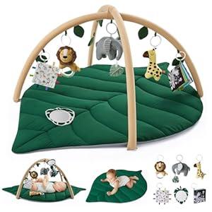 Blissful Diary Baby Play Gym & Activity Mat, Leaf Shaped Baby Play Mat with 6 Detachable Toys, Tummy Time Mat Promote Motor Skills & Sensory Development, Newborn Baby Essentials Gift, Jungle Green