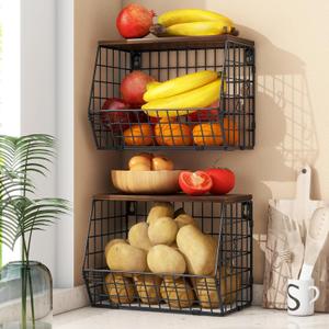 2pcs Fruit Basket Kitchen Storage Basket with Wood Lid, Stackable Wall Basket Fruit Basket for Kitchen, Countertop Organizer for Snack, Fruit and Veggie Storage, 11.8 x 7.9 x 8.5 Inch (Brown)