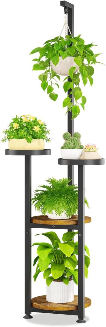 LASZOLA Black 4 Tier Tall Plant Stand Indoor with Hanging Ring, Large Heavy Duty Metal Vertical Corner Rack for Multiple Planter, Sturdy Wrought Iron Flower Shelf Holder Organizer for House Patio