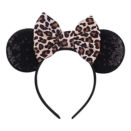 Foeran Mouse Ears Headbands Shiny Bows Mouse Ears Glitter Party Princess Decoration Cosplay Costume for Girls Women (Leopard)