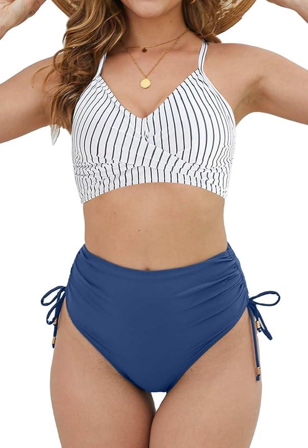 Women's Bikini Set High Waisted Tummy Control Swimsuits Two Piece Bikini Top with Cross Back y Sides Drawstring Bottom Swimming Costume Padded Bathing Suits Sexy Push Up Swimwear for Women (Medium)