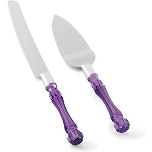 Purple Wedding Cake Knife and Server Set, Cake Cutter and Spatula, Acrylic Handle Set with 1.2mm Thick Blades for Weddings and Parties