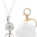 2 x Fashion 8" Handmade Crystal Wristlet Lanyard,Premium Bling Keychain Lanyard,Waterproof Plush Ball Rhinestone Waist Lanyard For Women(1 Clear)