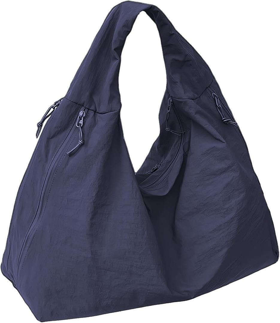 Slouchy Tote Bag for Women Large Nylon Shoulder Bag with Multiple Pockets Crescent Bag Underarm Hobo Bag for Travel Gym (Navy Blue)