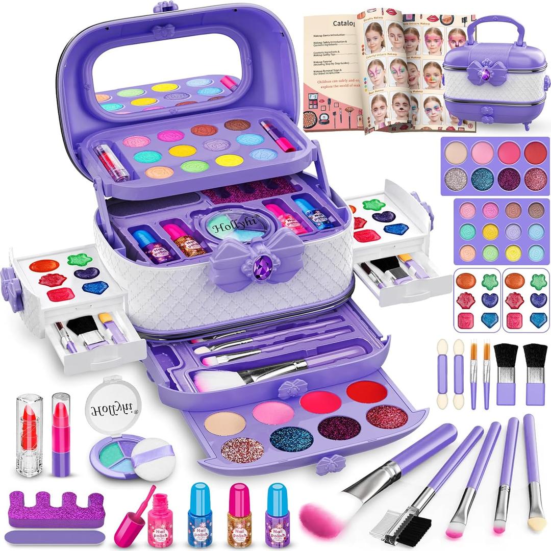Hollyhi 58 Pcs Kids Makeup Kit for Girl, Princess Toys Real Washable Cosmetic Set with Mirror, Kids Makeup Sets for Girls, Play Make Up Birthday Gifts for 3 4 5 6 7 8 9 10 11 12 Years Old Kid(Purple) (Purple)