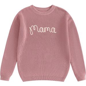 Family Matching Outfits Mommy and Me Cute Letter Embroidery Crew Neck Long Sleeve Sweater Top (Pink) Small