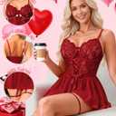 Girece Women's Lace Babydoll Lingerie Dress with Underwire Push up Bra Floral Lace Chemise Mini Skirt Lingerie Nightgown with Garter Belt (Wine Red, S)