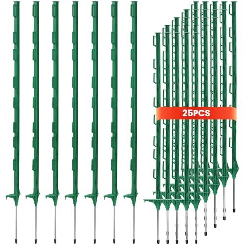 25 Pack Metal Fence Posts,4 FT Garden Fence Post,No Dig Garden Temporary Plastic Fence Posts,Green Garden Stakes for Temporary Fencing, Electric Fence Wire, Corner Anchor