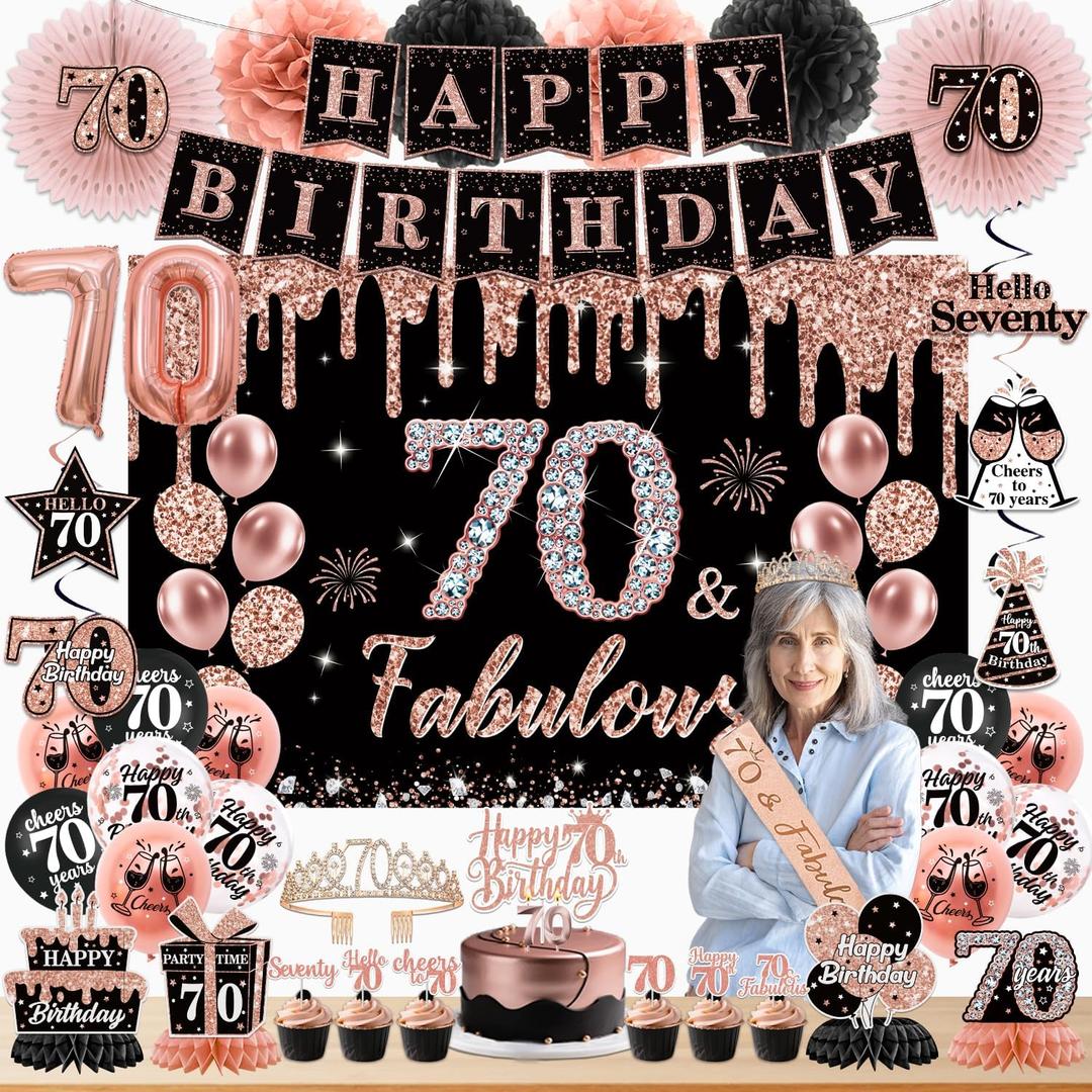 70th Birthday Decorations for Women, Rose Gold 70th Birthday Decorations, Happy 70th Birthday Banner, Balloons, Hanging Swirls, Cake Topper, Backdrop, Crown, Sash, Paper Fans, for 70 Years Old Birthday Decor
