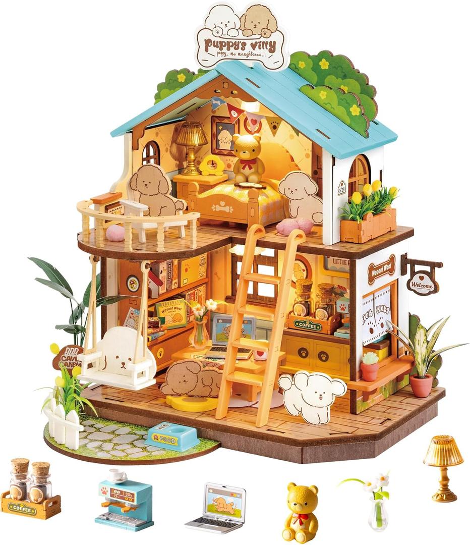ROBOTIME DIY Miniature House Kit, Mini Wooden Dollhouse Diorama Model, Tiny House Building Kits,Birthday Christmas Craft Hobbies Gift for Teens Kids and FriendsPuppy's Cozy Villa