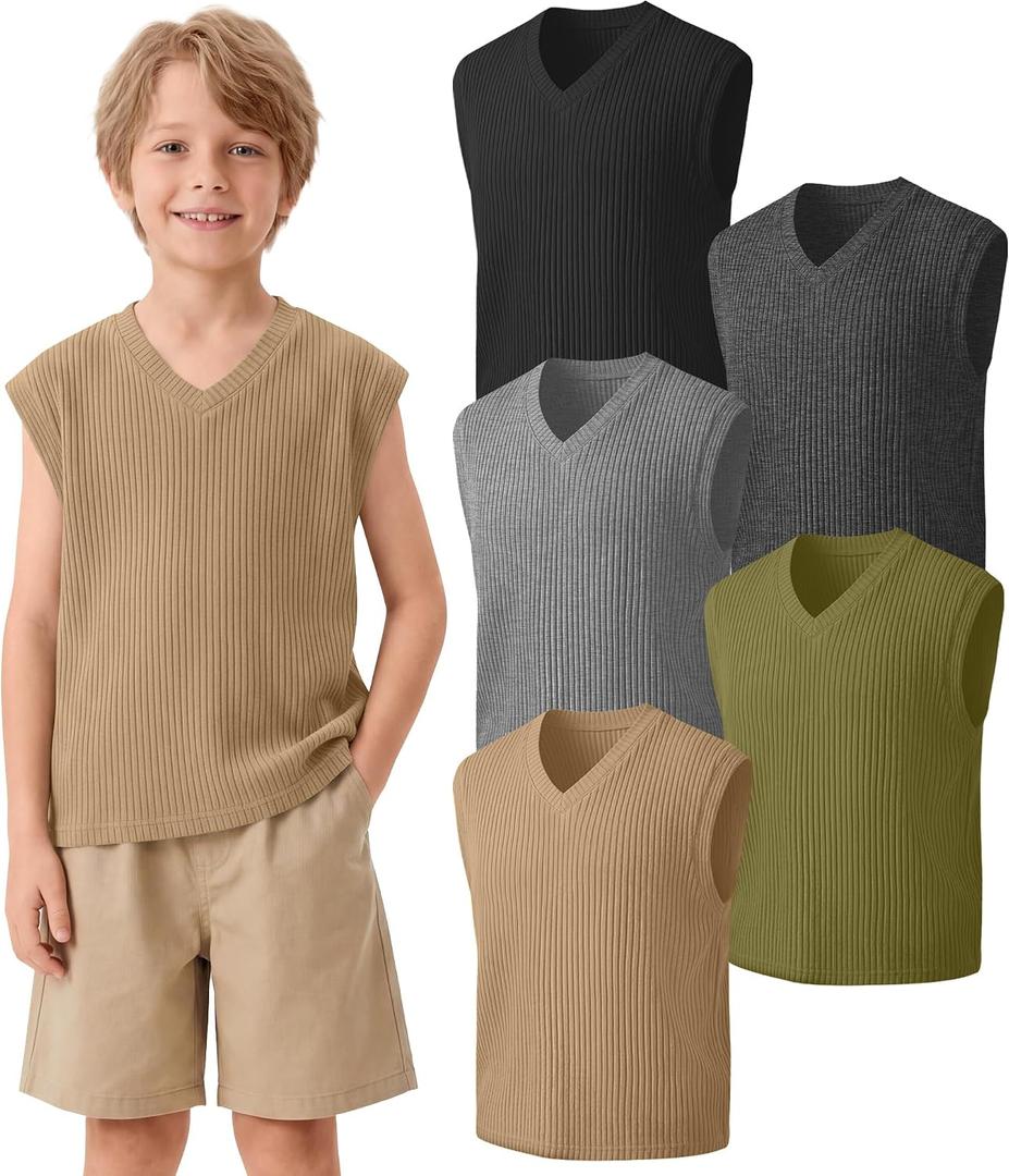 Xaatren 5 Pack Boys Tank Tops Sleeveless V Neck Loose Ribbed Shirts Kids Cap Sleeve Athletic Basic Undershirts 5-14 Years