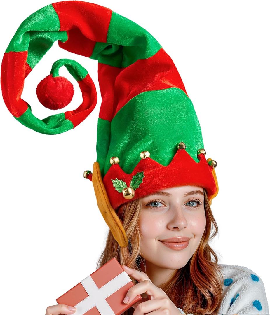 Giggling Getup Unisex Christmas Hat, Elf Red and Green Stripes Hats for Adults, Warm for Christmas Party Gifts