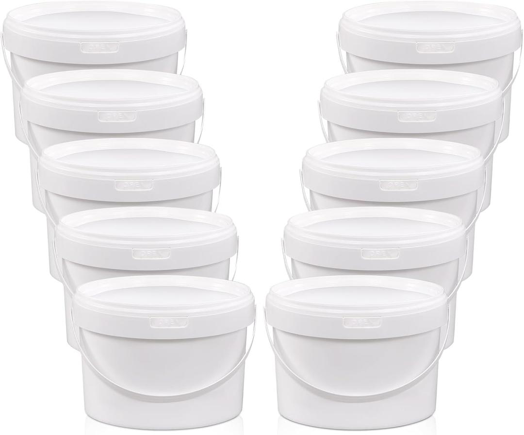 10 Pack White Plastic Bucket with Handle and Lid Food Storage Bucket Containers All Purpose Pail for Multipurpose Paint Water Art Crafts Projects Garage Organization (1 Gallon White)