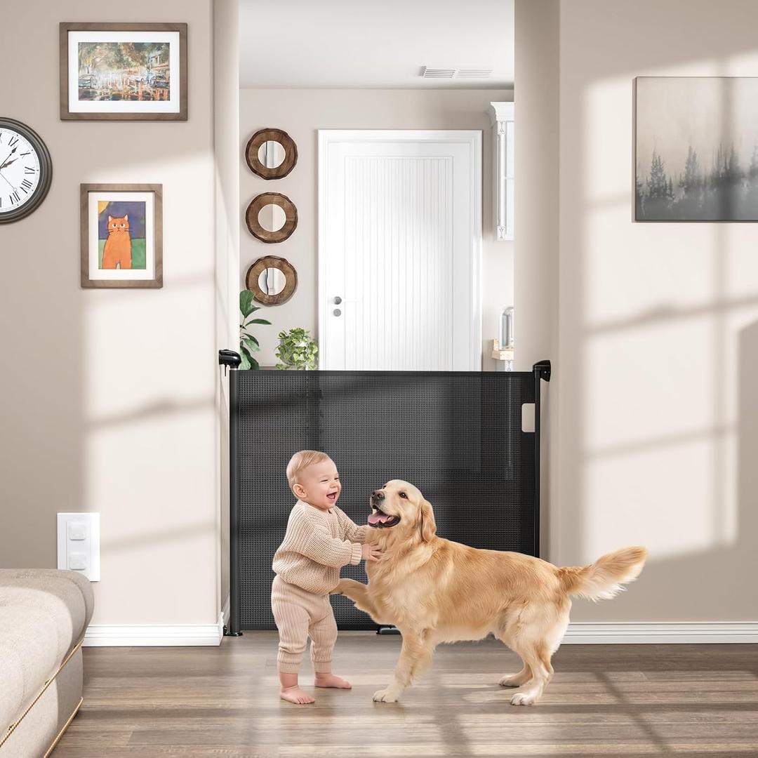 Babepai Retractable Baby Gates for Stairs, Retractable Dog Gate for Indoor/Outdoor Use | Child Gates for Doorways, Deck, Porch, Hallways, Patio (Black, 55" Wide 34" Height)