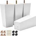 4 inch Solid Wood Furniture Legs, 4Pcs Mid-Century Modern Wooden Pyramid Replacement Feet with Threaded 5/16'' Hanger Bolts & Mounting Plate & Screws for Sofa Couch Chair Recliner (White)