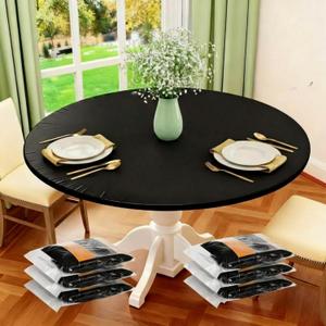 Boao 6 Pcs 60inch Round Plastic Fitted Tablecloth with Elastic Edge Design Waterproof Table Cover Plastic Tablecloth Protector for Table(Black)