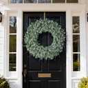 32'' Large Eucalyptus Wreath for Front Door, Porch- Artificial Eucalyptus and Lavender with Babys Breath Flowers Wreath for Home, Farmhouse Wall Decor- Spring, Summer, Fall, All Seasons (White-Green)