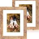 iRahmen 8x10 Picture Frame Set of 2, High Definition Real Glass Rustic Brown Wood Frame, Display Pictures 5x7 with Mat or 8 x 10 Without Mat for Tabletop or Wall Mounting
