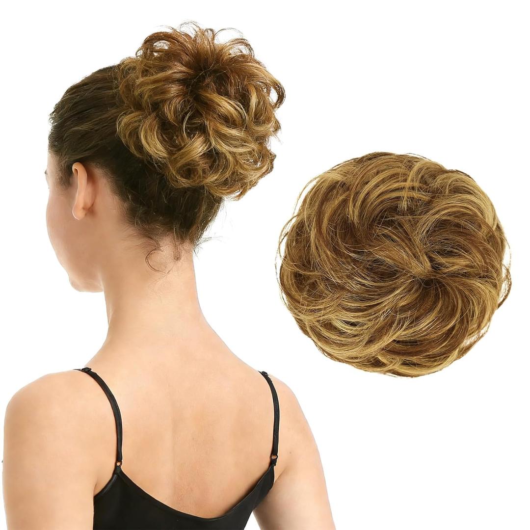 BARSDAR 100% Human Hair Bun Extension - Elastic Wavy Curly Messy Bun Scrunchies for Women - Brown Blonde Real Human Hair Updo Extensions Thick Fluffy Chignons Hairpieces - Brown mix Blonde