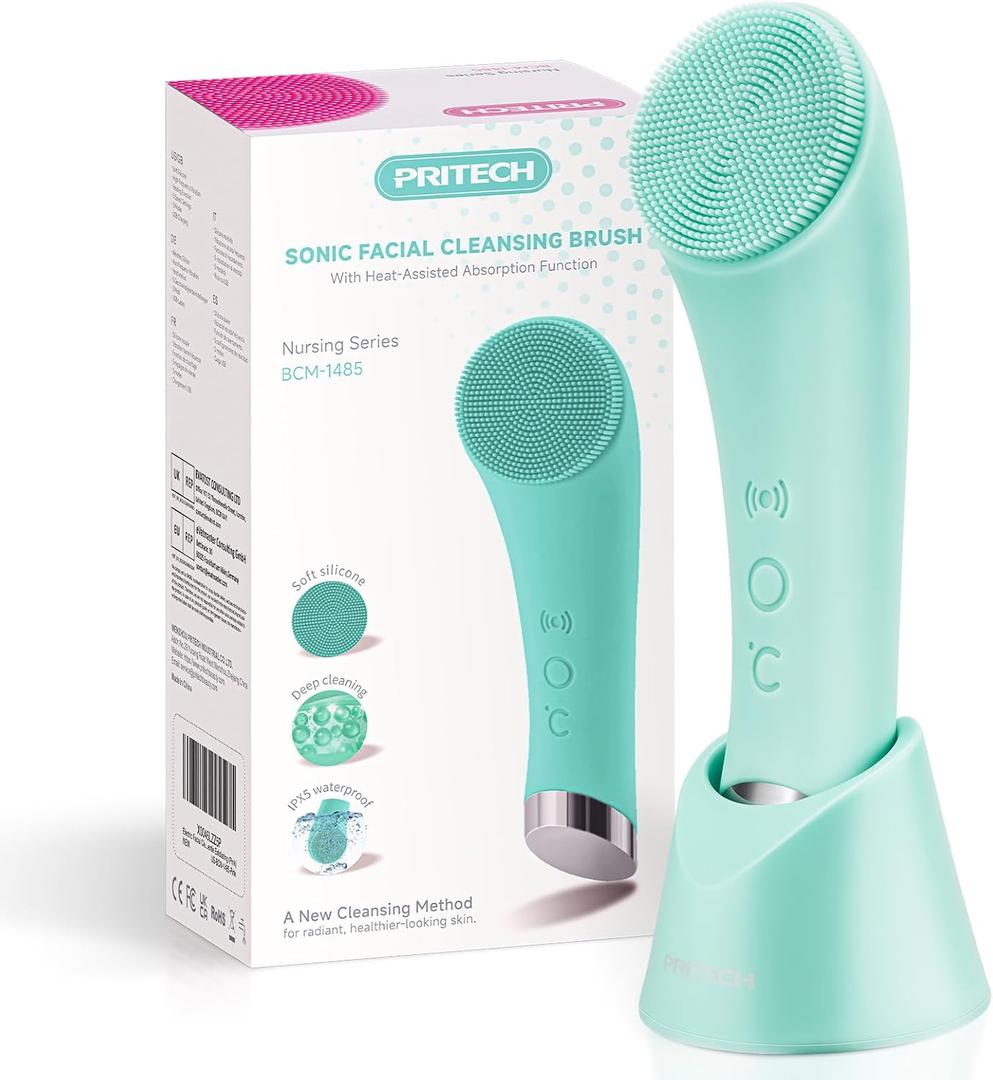PRITECH Silicone Face Scrubber, Rechargeable Facial Cleansing Brush with Heat Massage End, Vibrating Exfoliator Scrubber for Deep Cleaning, Waterproof Face Brush for Women and Men (Green)