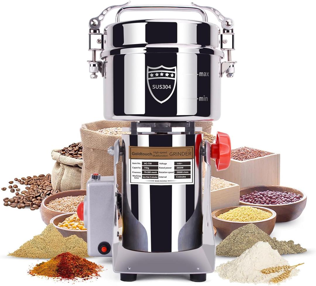 Goldtouch 750g Grain Mill Grinder 2800W Electric Stainless Steel Grain Grinder High-Speed Pulverizer Powder Machine for Dry Wheat, Oats, Corn, Pepper and Coffee Beans (750g Swing Type)