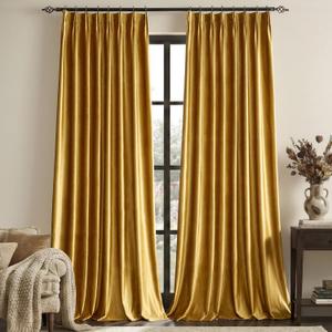 Gold Velvet Pinch Pleated Curtains: Luxury Living Room 90 Inches Long 2 Panels Set Darkening Thermal Insulated Drapes with Hooks- Elegant Soundproof Noise Reducing Back Tab Window Curtain for Bedroom