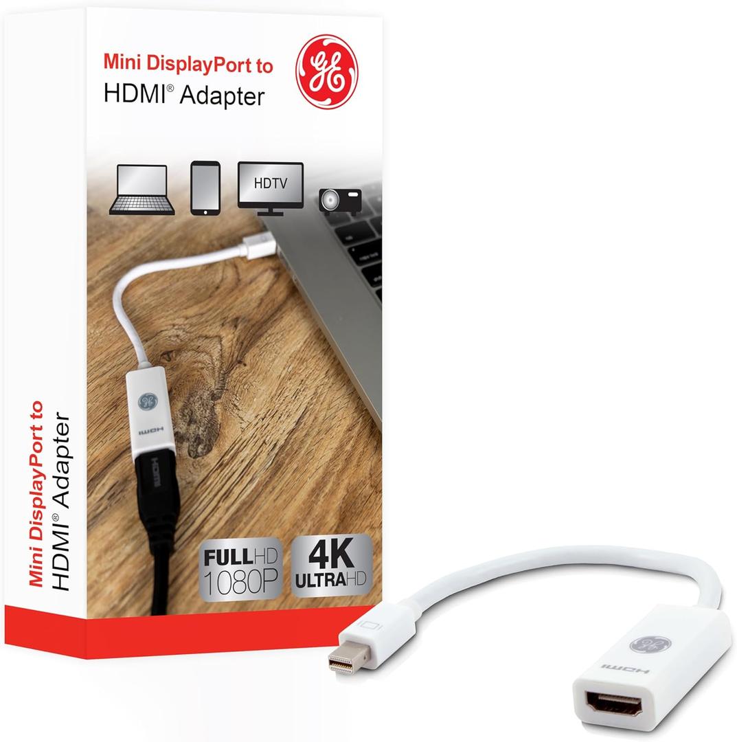 GE Home Electrical Mini DisplayPort Thunderbolt to HDMI Adapter, Compatible with Apple iMac, MacBook and PC, Supports Full HD 1080P and 4K Ultra HD, White, 33589