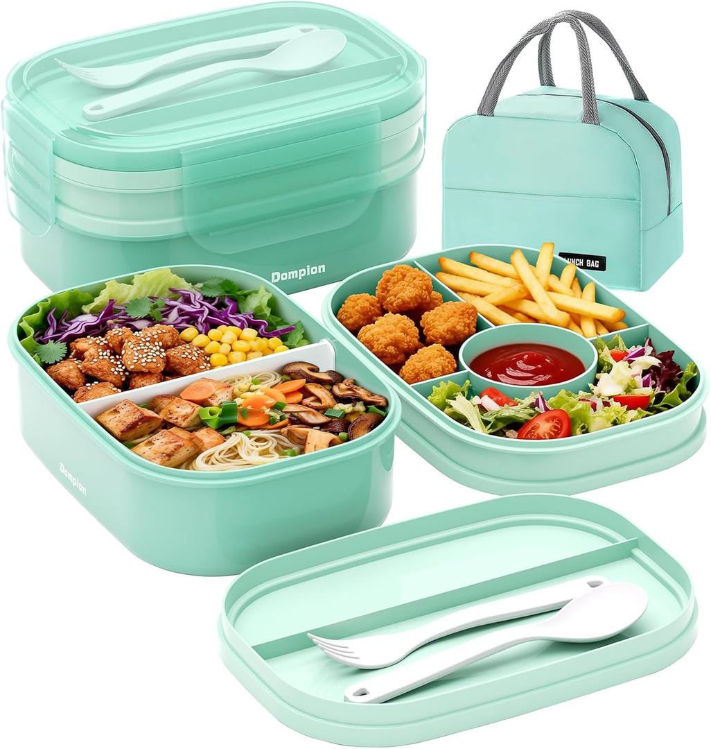 2 Layers Bento Box, All-in-One Stackable Lunch Container with Compartments, 64oz Leakproof Microwave Safe Dishwasher Safe Bento Box with Lunch Bag and Utensil Set for Kids and Adults