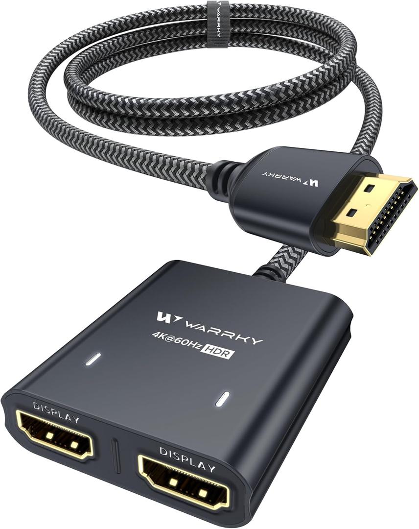 WARRKY HDMI Splitter 4K, 1x2 HDMI Display Duplicate/Mirror, HDMI Splitter 1 in 2 Out [Metal Shell, 3.3 Ft Braided HDMI Cable, LED Indicators], USB-C Powered Splitter, Black-4K@60Hz HDR