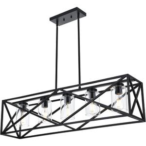 5-Lights Farmhouse Kitchen Island Light in Black Finish, Vintage Rectangular Linear Pendant Lighting Fixtures with Clear Glass Shades for Bar Pool Table