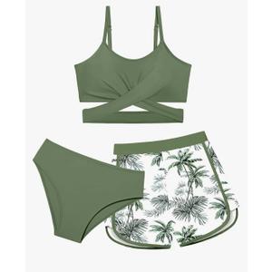 Girls Swimsuit 3 Piece Bathing Suit Criss Cross Bikini Set Girls' Swimwear with Shorts 11-12Y