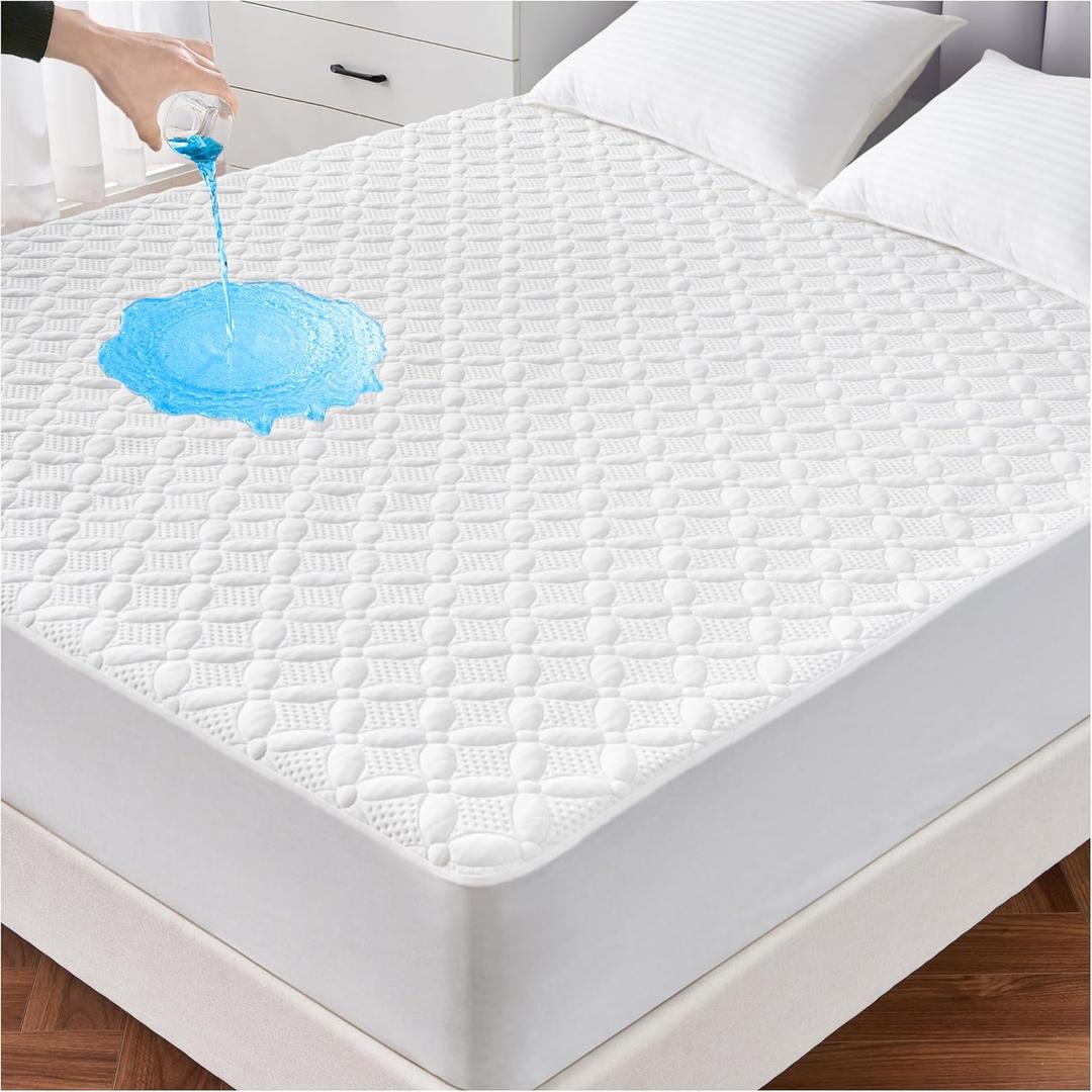 Lunsing Waterproof Queen Mattress Protector, Soft Breathable and Noiseless Queen Size Mattress Pad Cover with 6-18 in Deep Pockets (White)