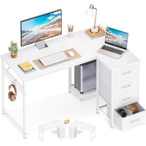 Casaottima L Shaped Desk with 4 Drawers, 40" Small White Computer Desk with Storage, Reversible Kids Study Desk with CPU Stand & Hook, Corner Desk for Home Office