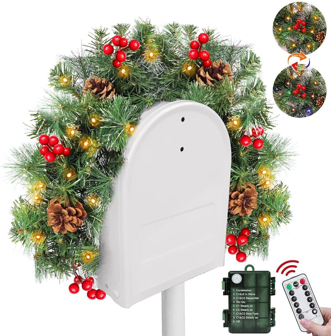 3 Ft Artificial Christmas Mailbox Swag, Pre-lit Mailbox Christmas Decorations with 30 Warm White & Multicolored LED Lights Red Berry Clusters Pinecones 8 Lightmodes Timer for Xmas Holiday Home Decor