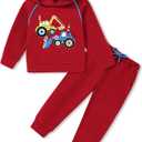 Coco&RARA Toddler Boy Clothes Outfits Long Sleeve Hoodie Sweatshirt Pants Set 2PCS Baby Boys Fall Winter Sweatsuit (Red + Tractor, 4-5 Years)