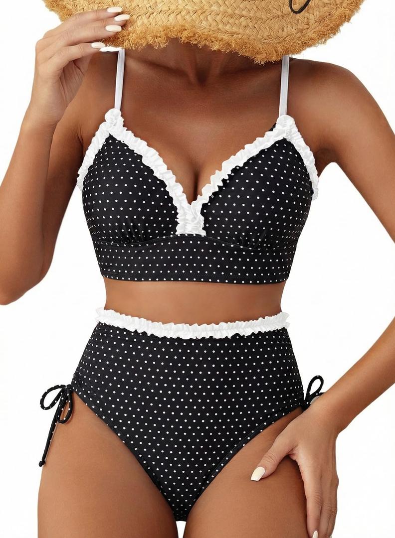 Herseas Women's Splice Ruffle Trim Bikini Sets Tie Side Swimsuits High Waisted Bathing Suits, size S