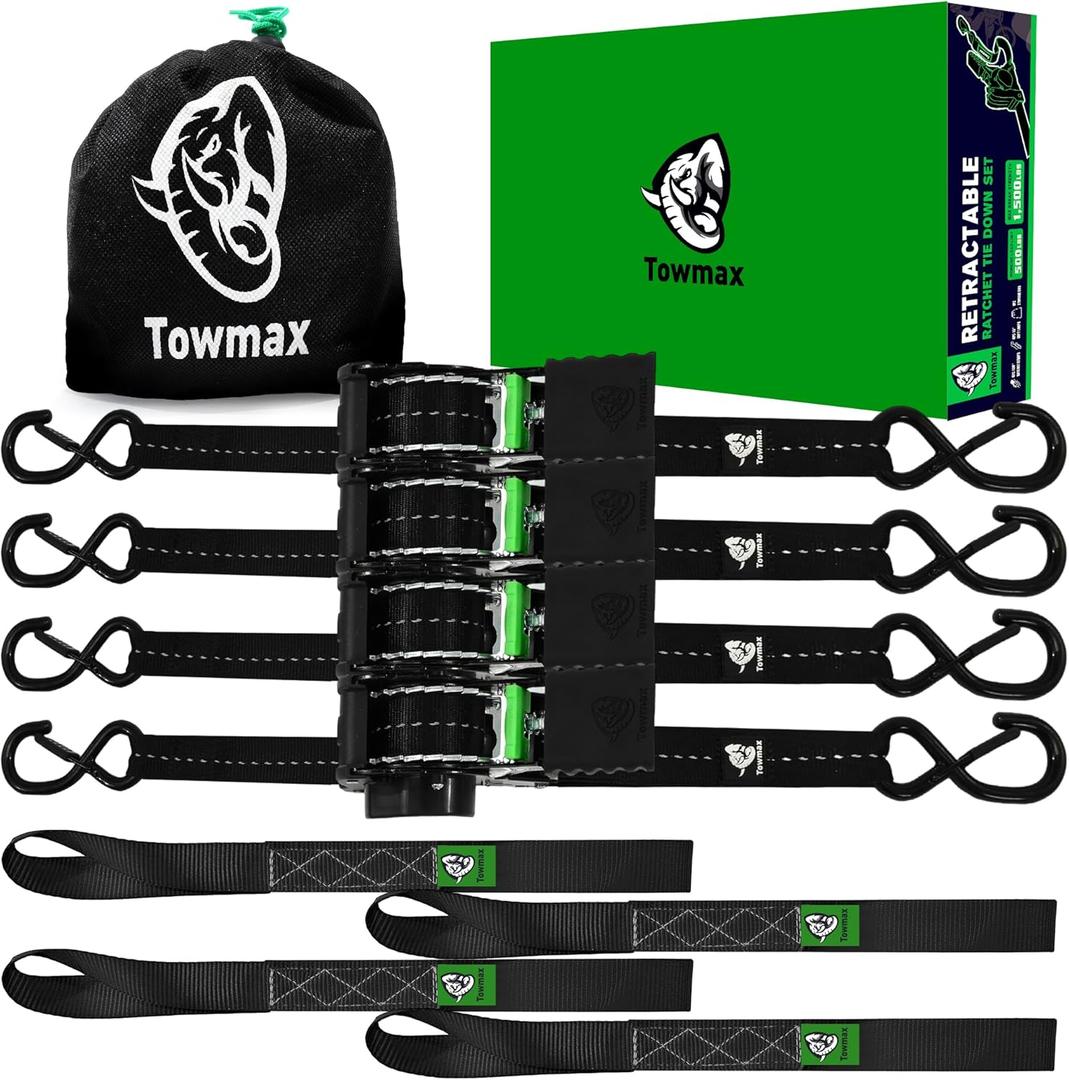 Retractable Ratchet Straps(4 Pack) - 1in x 10ft Self Retracting Ratchet Straps with Soft Loops, 1,500 lbs Break Strength Retractable Tie Down Straps, Easy Retract for Motorcyle, Cargo, Truck, Trailer (Black)